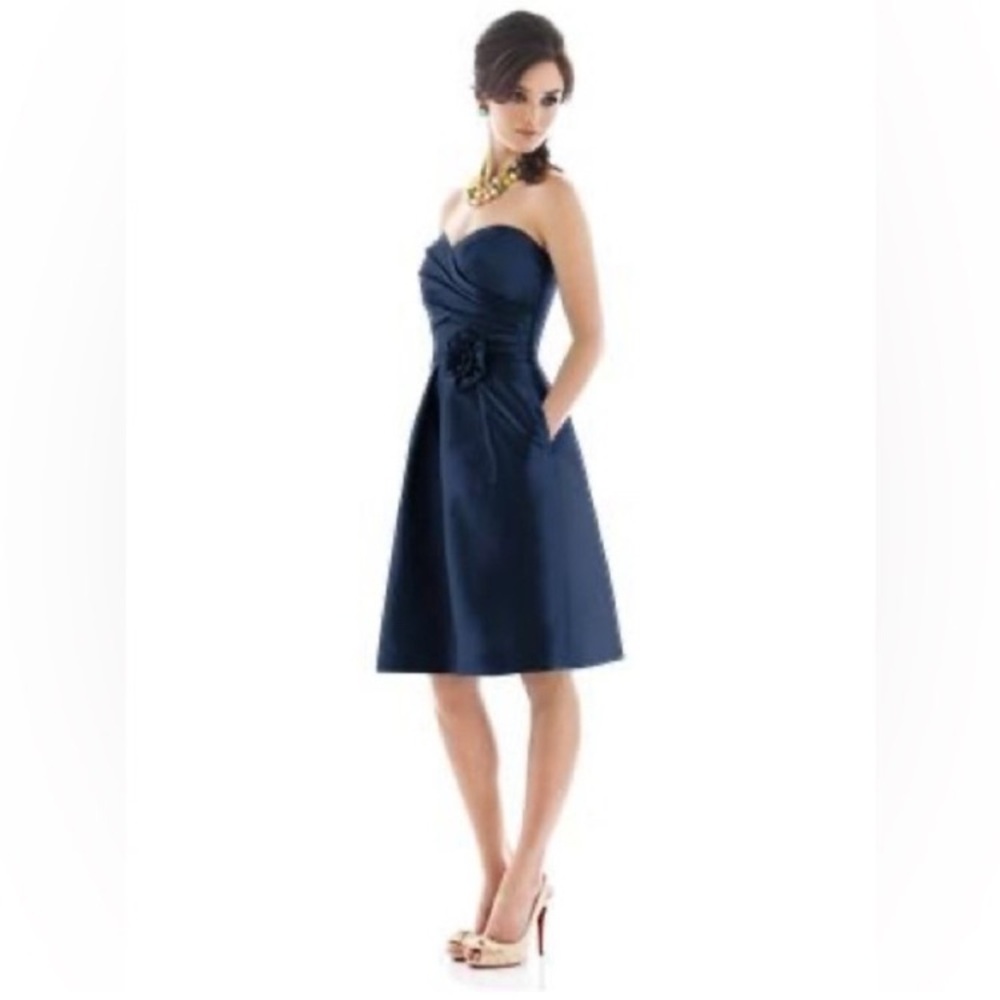 NWT NEW Bill Levkoff Navy Blue Ruched Strapless Midi A-Line Dress, Size 8 Formal